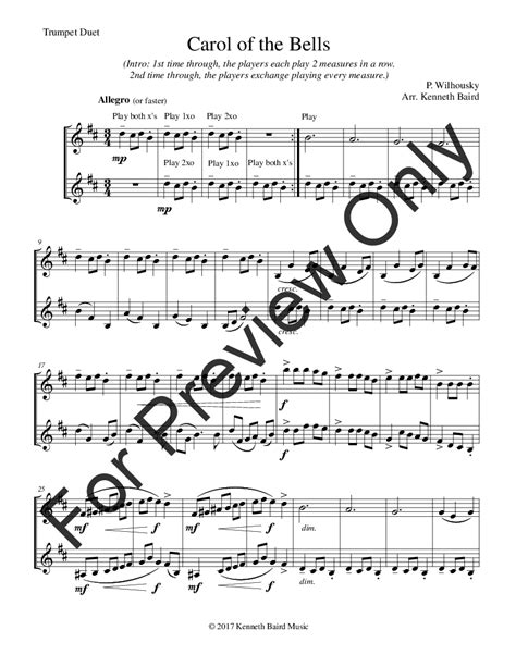 Free trumpet sheet music for jingle bells, for solo or group performance. Carol of the Bells (Trumpet Duet ) by M | J.W. Pepper ...