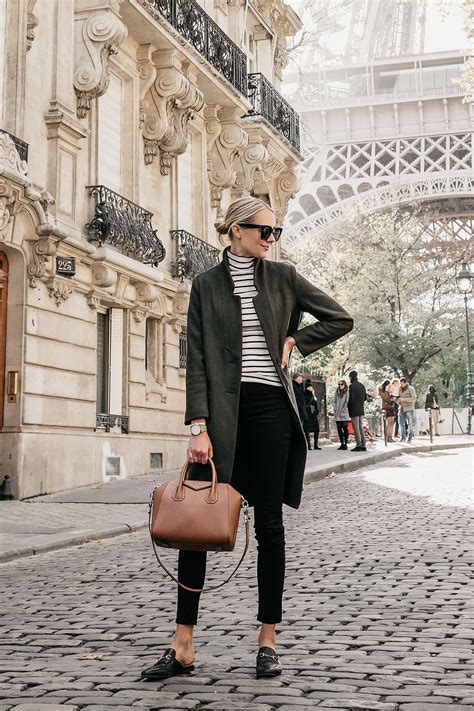 Eiffel Tower Paris France Blonde Woman Wearing Green Wool Coat Black White Stripe Turtleneck