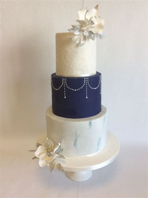 3 Tier Marble And Sparkle Wedding Cake With Navy Blue Detail And Stylised