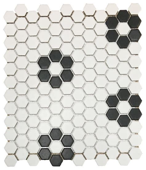 12x12 Retro Hexagon White With Black Flowers Matte Porcelain Mosaic