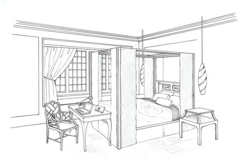 Bedroom Perspective Drawing Sketch Coloring Page