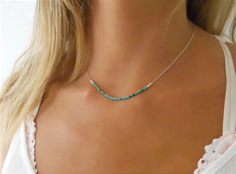 Sterling Silver Necklace With Turquoise Beads Delicate Silver Etsy