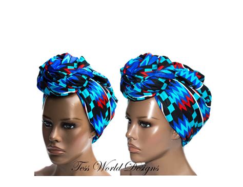 Blue Kente Print Headwraps Turban Headwrap Turban African Head Wraps