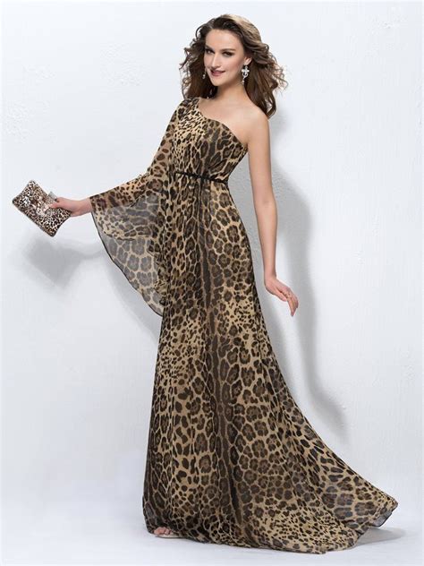 One Shoulder Long Sleeve Leopard Print Evening Dress