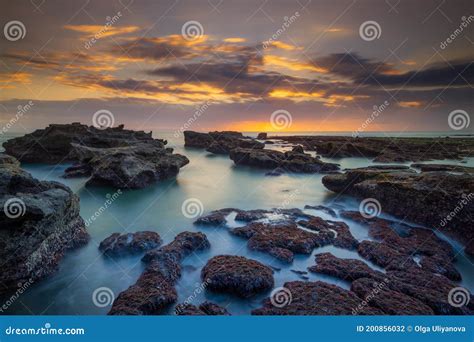 Beautiful Seascape Long Exposure Rocky Beach During Low Tide