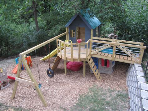 Treehouse And Swingset With Bridge Diy Backyard Landscaping Playset