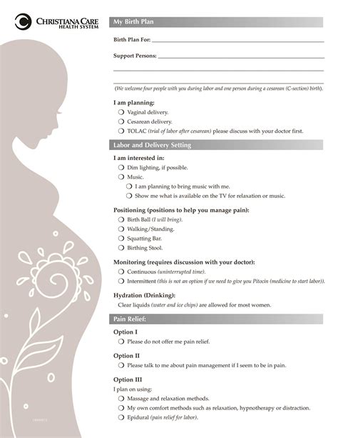 C Section Birth Plan Template