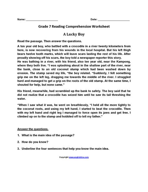 7th Grade Reading Comprehension Worksheets Pdf Db Excelcom 7th Grade