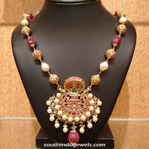 Gold Ruby Pearl Necklace Design South India Jewels