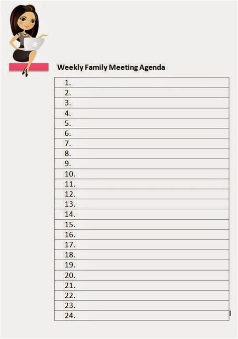 A formal meeting agenda template helps you govern the meeting so that the meeting can be conducted within the specified time. Family FECS: Weekly Family Meeting Agenda Template