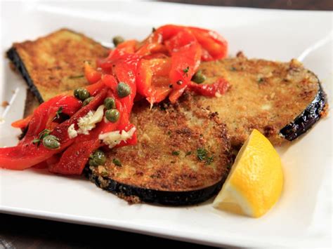 eggplant schnitzel and roasted peppers recipe rachael ray food network