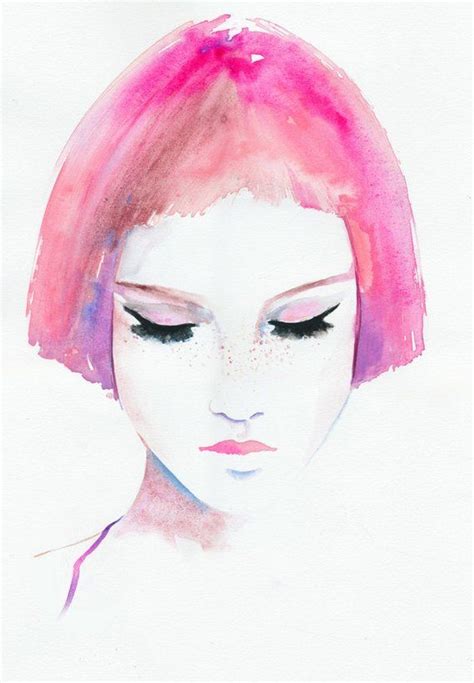 Pink Hair Girl Print Fashion Illustration Watercolor