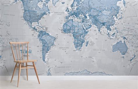 Blue Map Wallpaper Classic World Map Design Muralswallpaper World