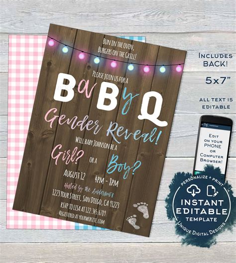 Rustic BabyQ Gender Reveal Invitation, Editable He or She BBQ, Pink or