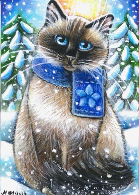 Ragdoll Cat Winter Snow Xmas Original Art Painting By Marta Christmas