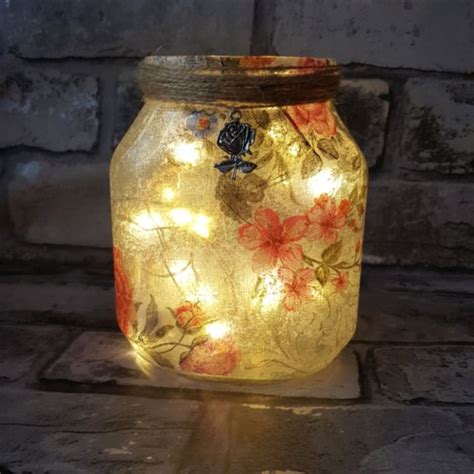 Floral Upcycled Jar Vase Pink And Grey Flowers With Fairy Lights