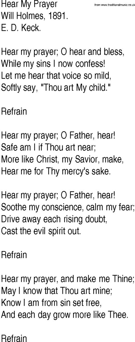 Hymn And Gospel Song Lyrics For Hear My Prayer By Will Holmes