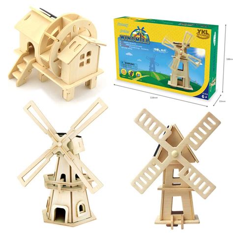 wooden solar energy powered 3d windmill waterwheel diy puzzle jigsaw building block educational