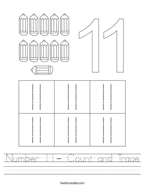 Number 11 Count And Trace Worksheet Twisty Noodle