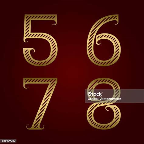 Five Six Seven Eight Golden Striped Numbers With Flourishes Stock