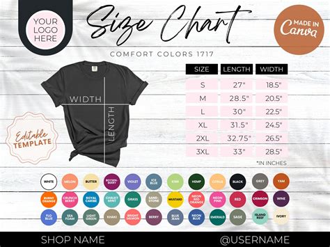 Editable Comfort Colors 1717 Size Chart Bundle Comfort Colors Color
