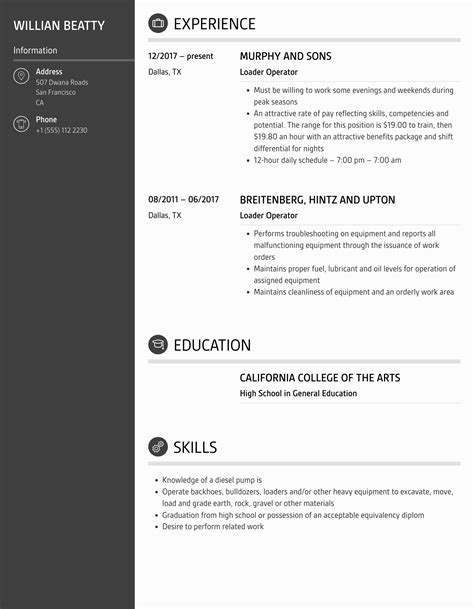 Loader Operator Resume Samples | Velvet Jobs