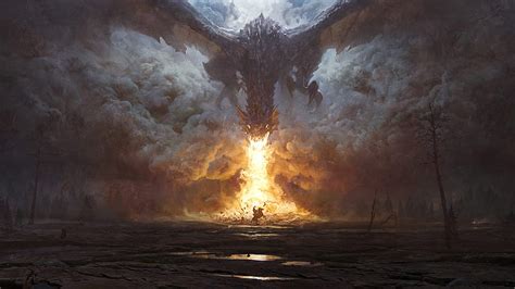 Fantasy Dragon Is Breathing Fire On Land Dreamy Hd Wallpaper Peakpx