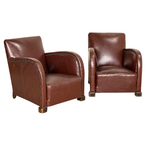 Pair Vintage Brown Leather Barrel Back Club Chairs Denmark Circa 1940