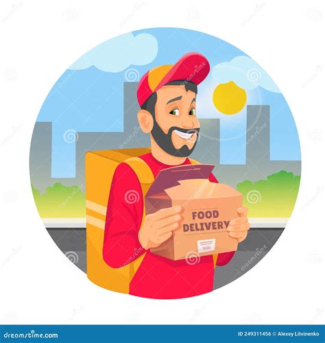 Food Delivery Man Holding Fast Food Box On City Background Fast Food
