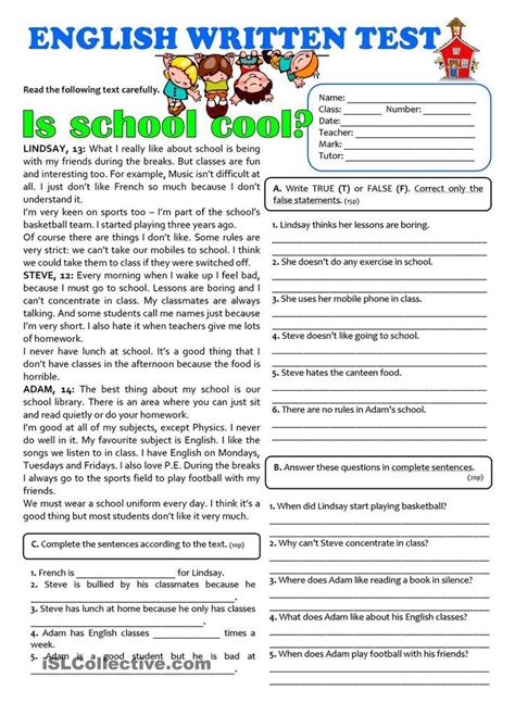 Select one or more questions using the checkboxes above each question. IS SCHOOL COOL? - 7th grade TEST | Educacion ingles ...