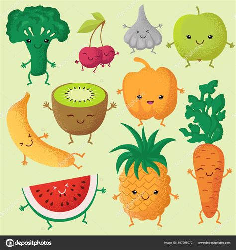 Feliz De Dibujos Animados Frutas Y Verduras Con Caras Lindas Divertidas