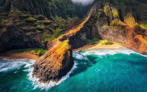 Landscape Nature Kauai Hawaii Beach Cliff Sea Mountain Coast