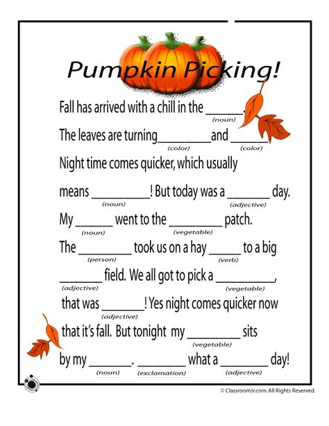 Fall Mad Libs Pumpkin Classroom Thanksgiving Mad Lib Fall Kids
