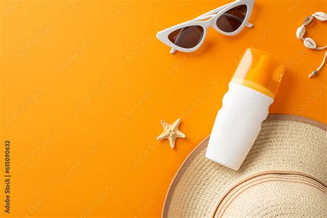 Ultraviolet Safety Month Concept Above View Photo Of Straw Hat Shells