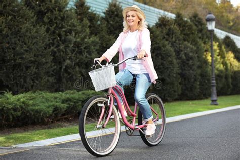 Mature Woman Riding Bicycle Active Lifestyle Stock Photo Image Of