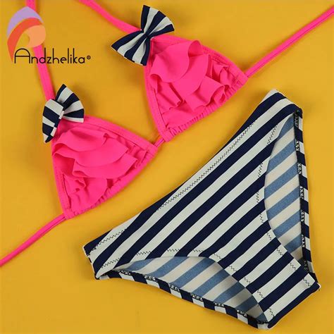 Andzhelika Bikinis Set Childrens Swimsuit Cute Bow Solid Striped