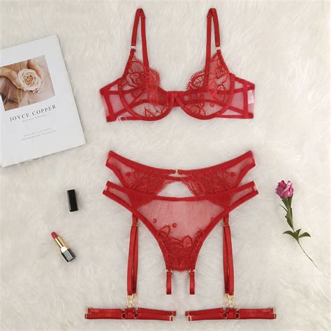 Intimates And Sleep Clothing 3pcs Crotchless Thong Open Cups Bralette Lace Bra Garter Belt