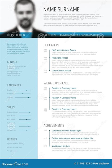 Minimalist Resume Cv Template With Blue Accent And Header Photo Stock