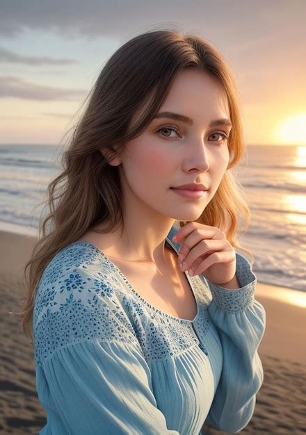 Premium Ai Image Beautiful Woman In Light Blue Dress On The Beach