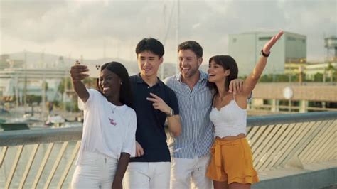 Multiracial Friends Taking Selfie On Embankment Stock Footage Videohive