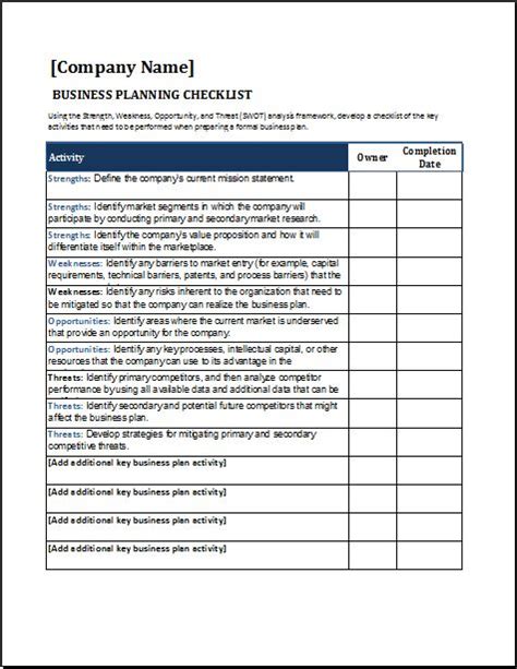 Business Planning Checklist For Excel Word And Excel Templates
