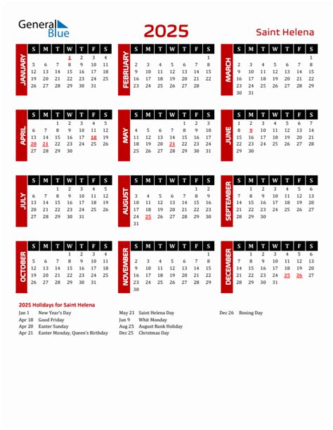 2025 Saint Helena Calendar With Holidays