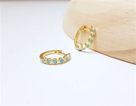 Turquoise Gold Hoops Blue Gemstone Hoop Earrings Huggie Gold Etsy
