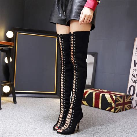Womens Thigh High Lace Up Boots Ladies Open Toe Stretch Over The Knee