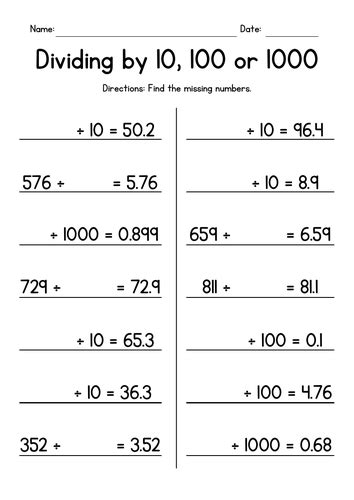 Dividing By 10 100 And 1000 Missing Numbers Teaching Resources