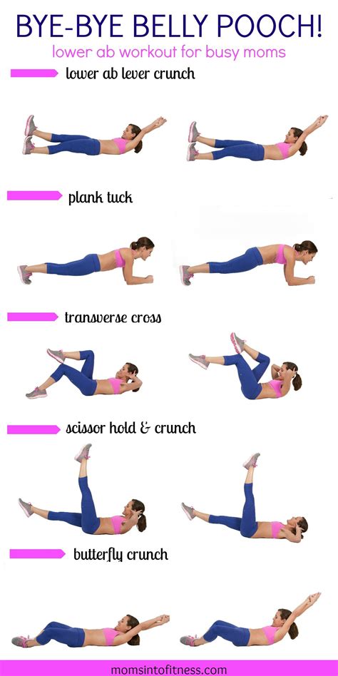 A Woman Doing An Exercise With The Words Bye Bye Belly Pooch