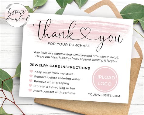 Printable Jewelry Care Instructions Card Template Editable Etsy