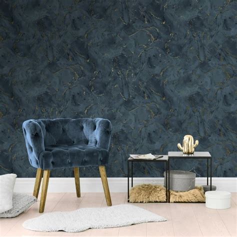 House Of Alice Onyx Marble Metallic Wallpaper Navy Blue Gold