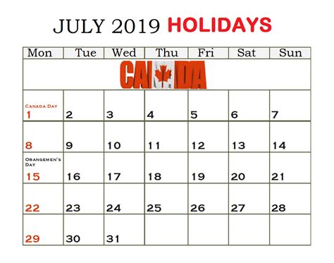 July 2019 Calendar With Holidays Us Uk Canada Australia India