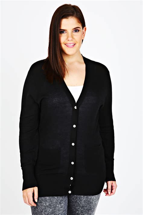 Black Fine Knit Longline Cardigan With Pearl Buttons Plus Size 161820